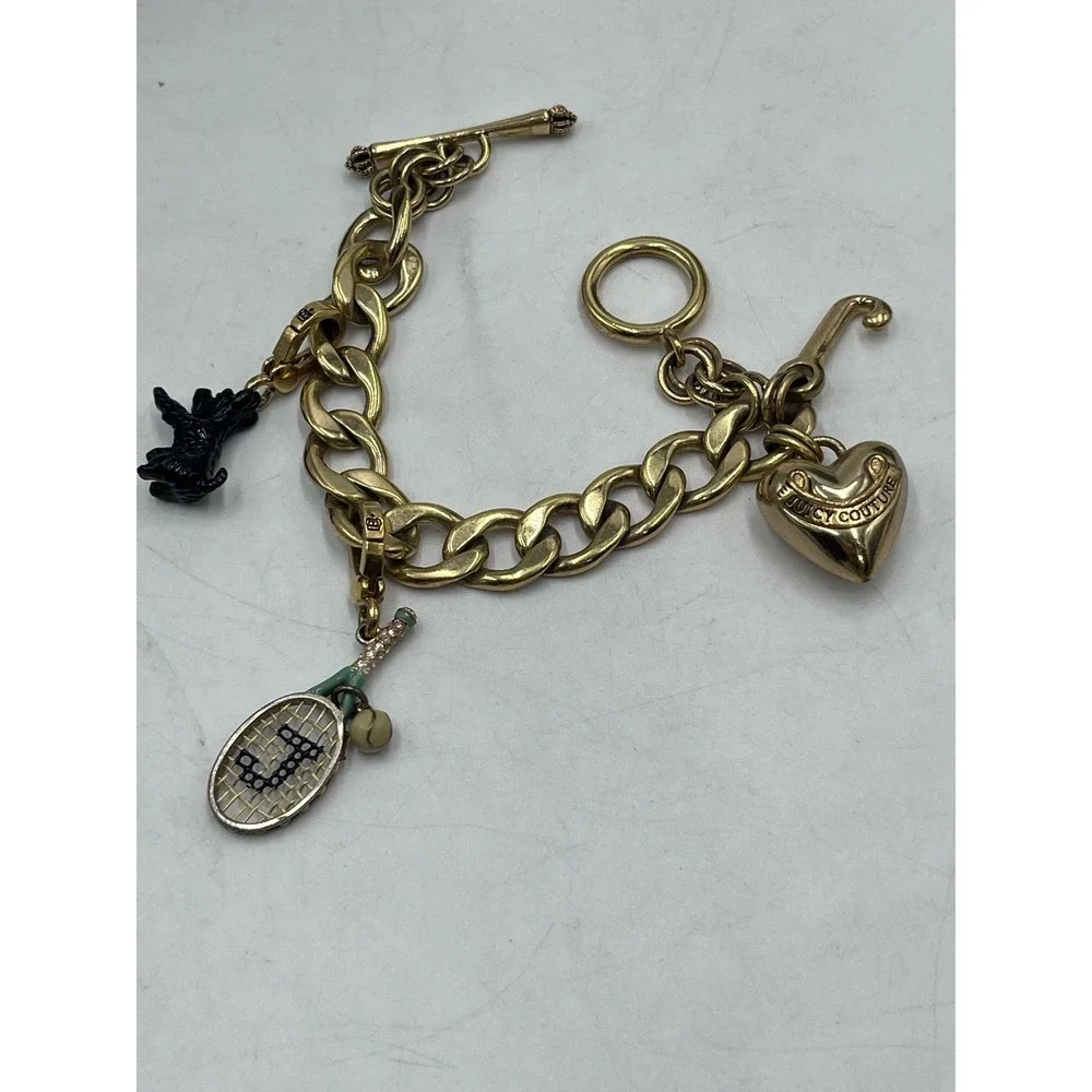 Juicy Couture Puffed Tennis‎ Racquet Scottie Dog Heart Toggle Gold Tone Bracelet